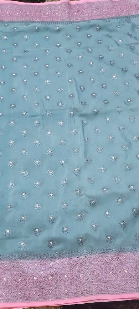 Semi Banarasi Pastel Grey and Pink Saree