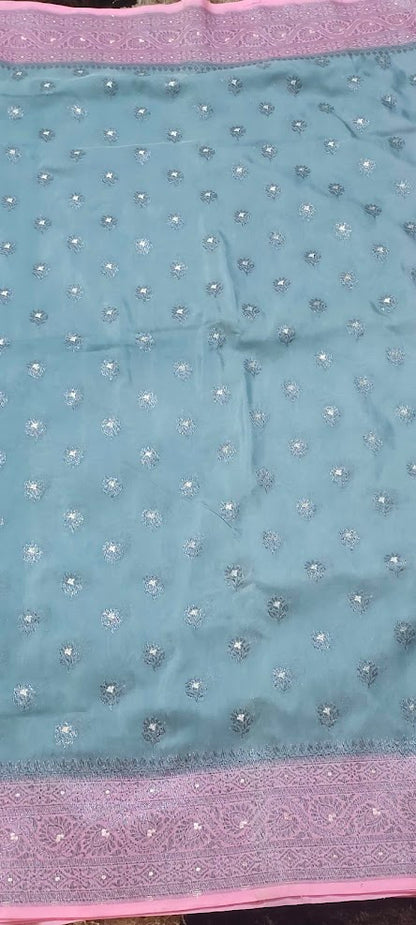 Semi Banarasi Pastel Grey and Pink Saree