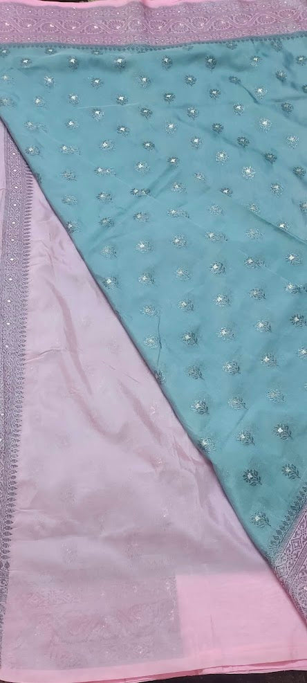 Semi Banarasi Pastel Grey and Pink Saree