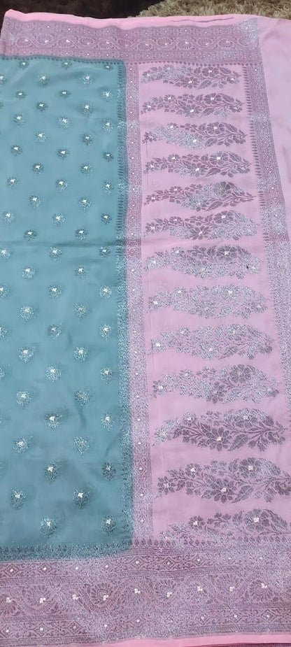 Semi Banarasi Pastel Grey and Pink Saree