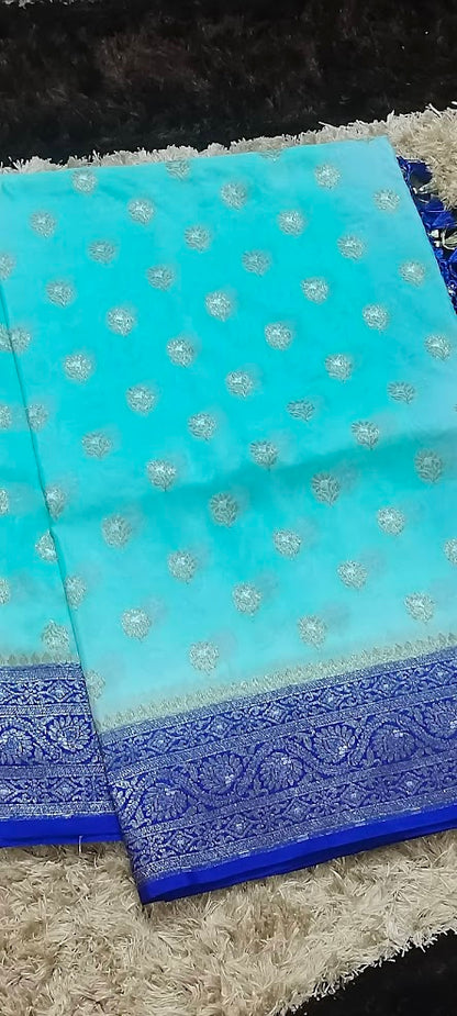 Semi Banarasi Turquoise Blue Saree