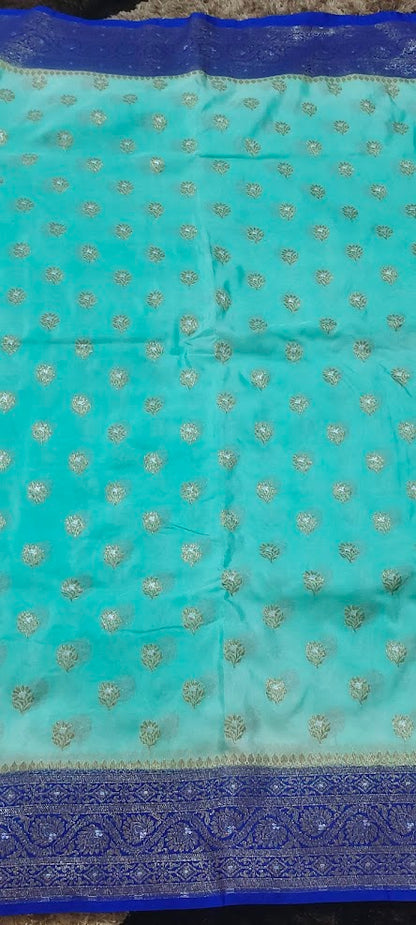 Semi Banarasi Turquoise Blue Saree