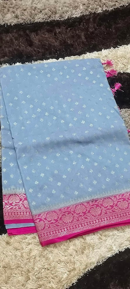 Semi Banarasi Grey Pink Saree