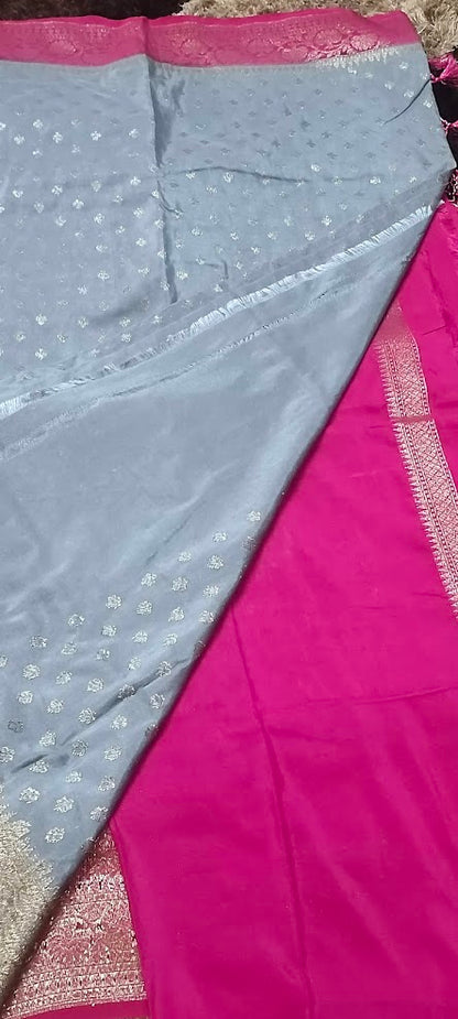 Semi Banarasi Grey Pink Saree