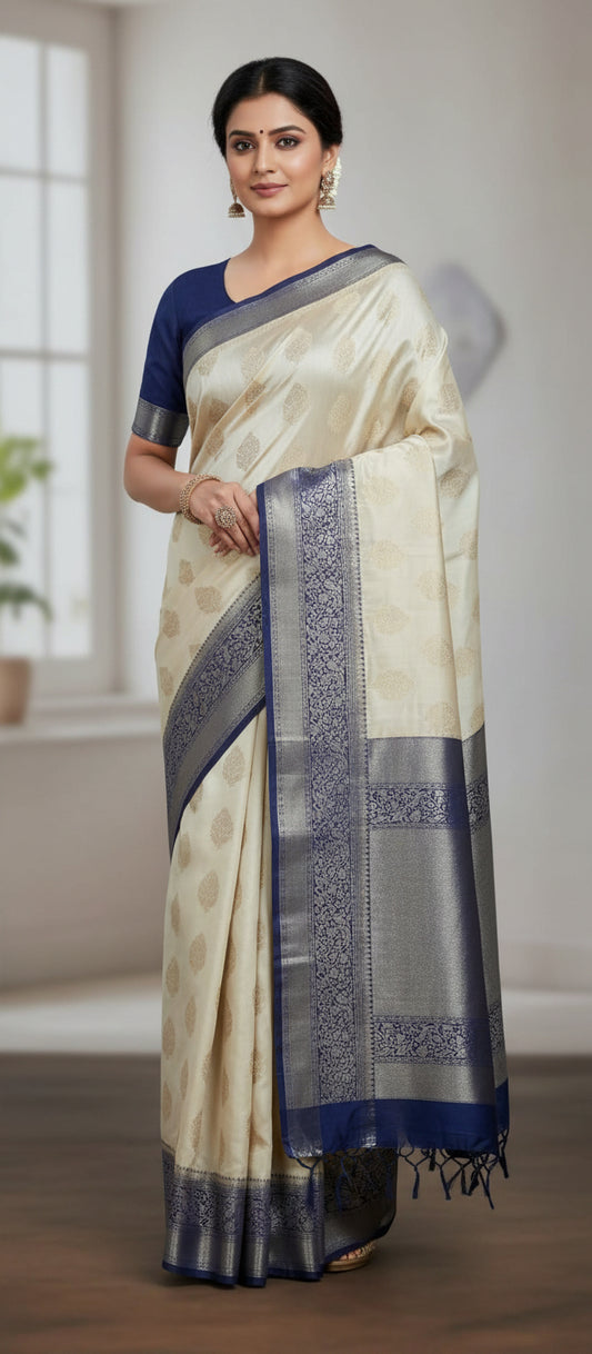 Half White/ Cream Pure Chiniya Silk Saree
