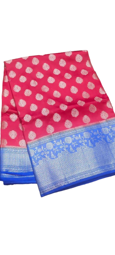 red silk saree with blue border gold zari