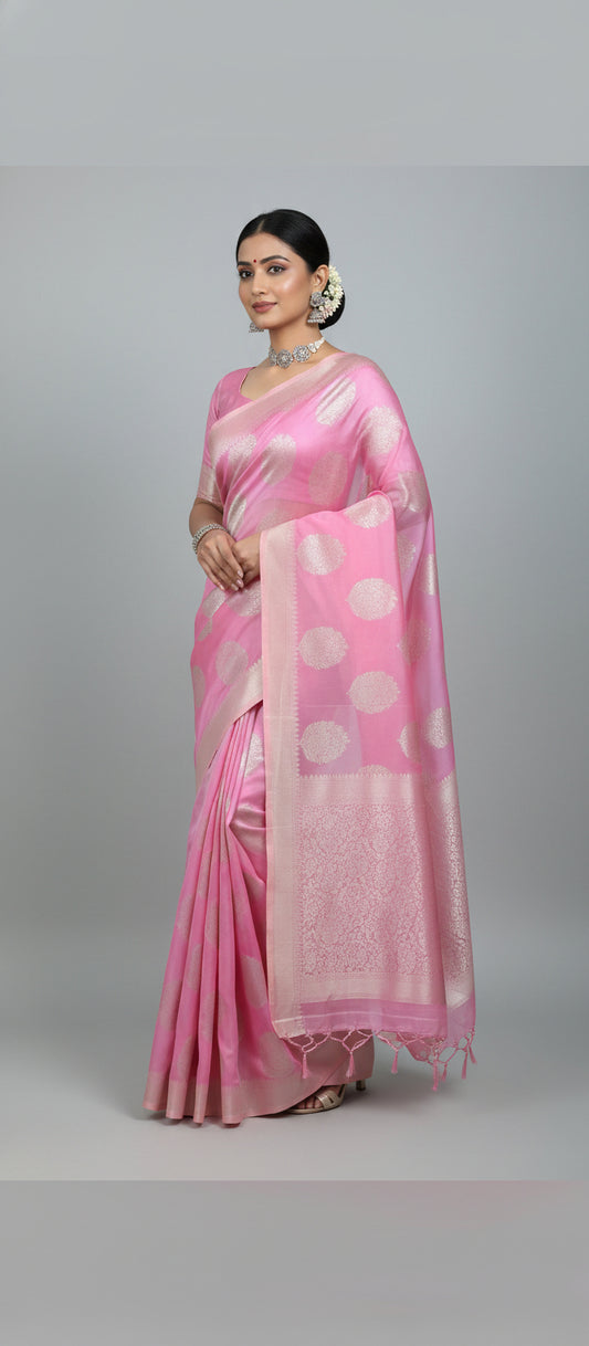 Pure Pink Chiniya Silk Saree