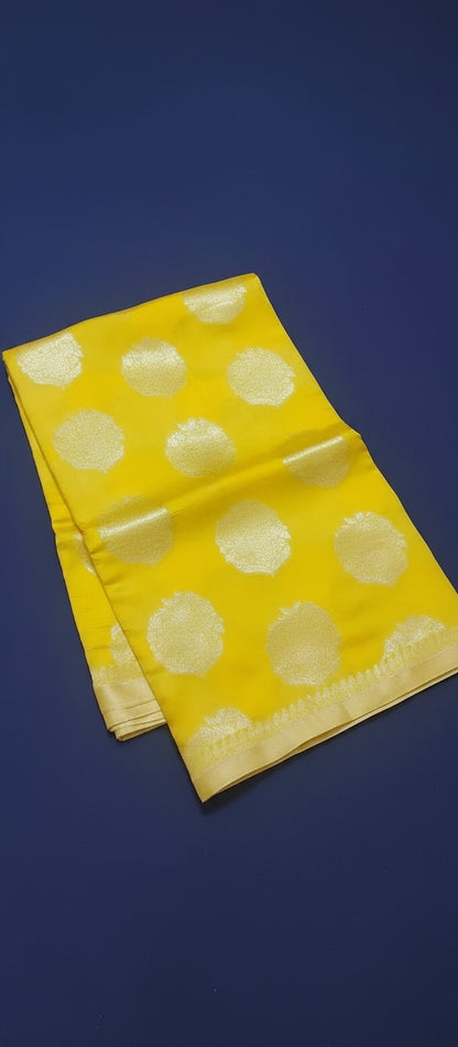 Yellow Pure Chiniya Silk Saree