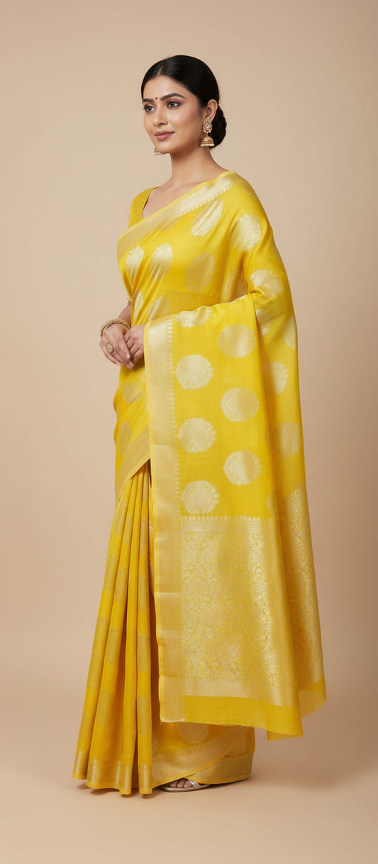 Yellow Pure Chiniya Silk Saree