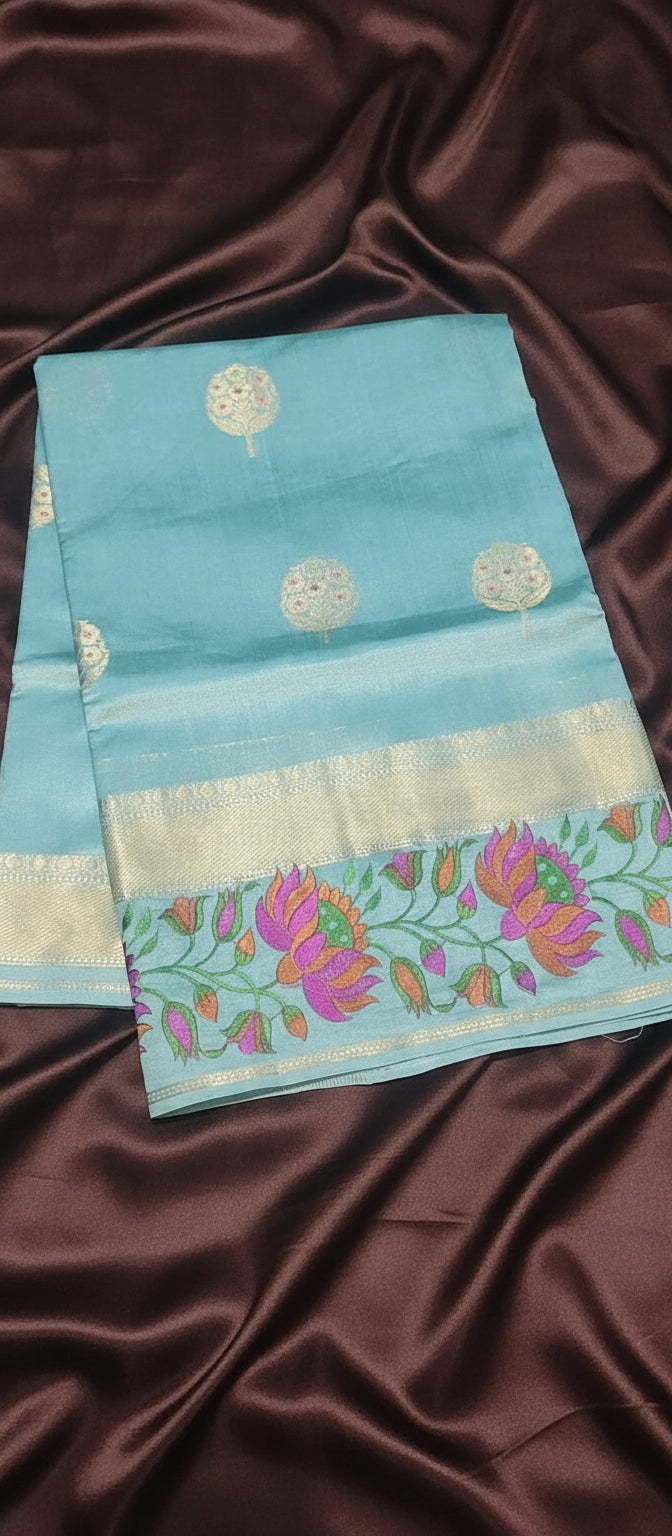 Ocean Blue Pure Chiniya Silk Saree