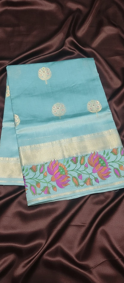 Ocean Blue Pure Chiniya Silk Saree