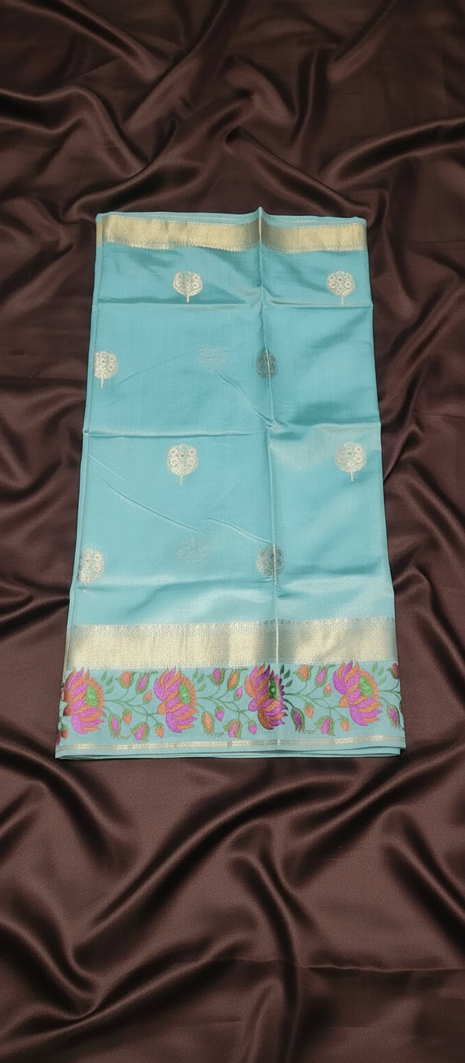 Ocean Blue Pure Chiniya Silk Saree