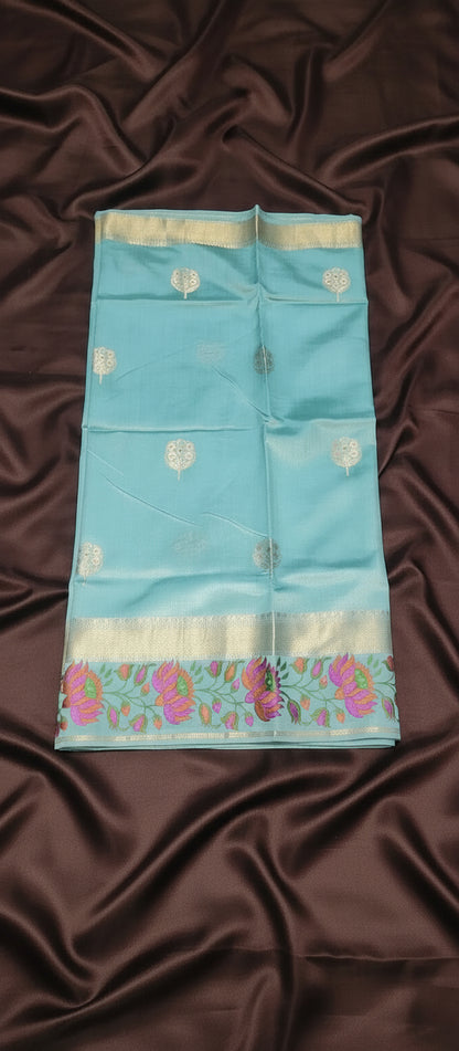Ocean Blue Pure Chiniya Silk Saree