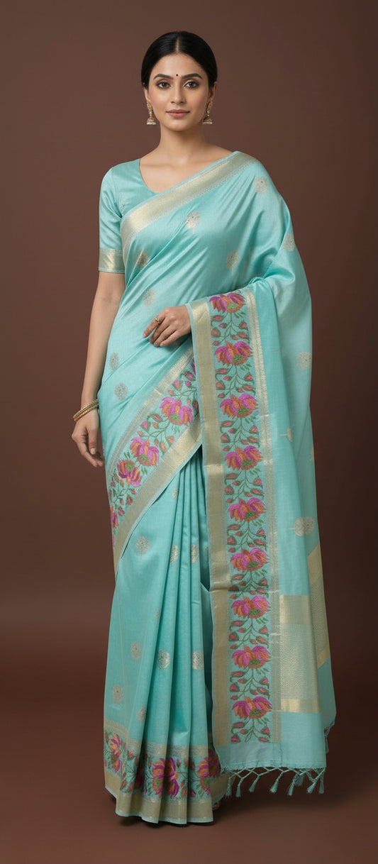 Ocean Blue Pure Chiniya Silk Saree