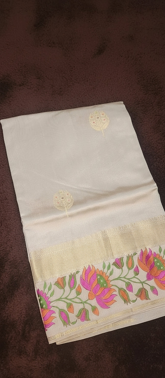 Half White/ Cream Pure Chiniya Silk Saree