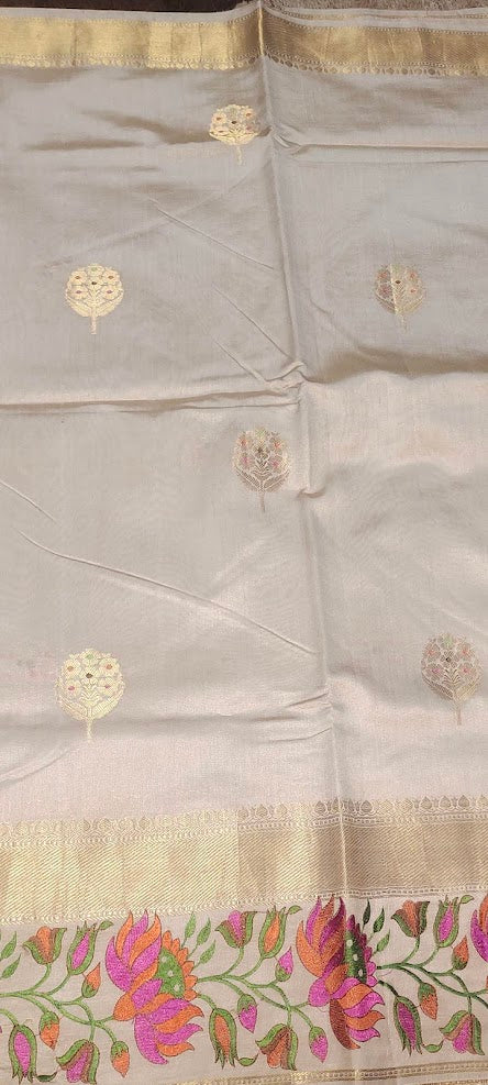 Half White/ Cream Pure Chiniya Silk Saree