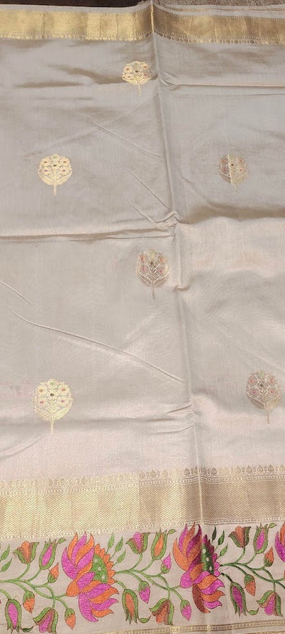 Half White/ Cream Pure Chiniya Silk Saree