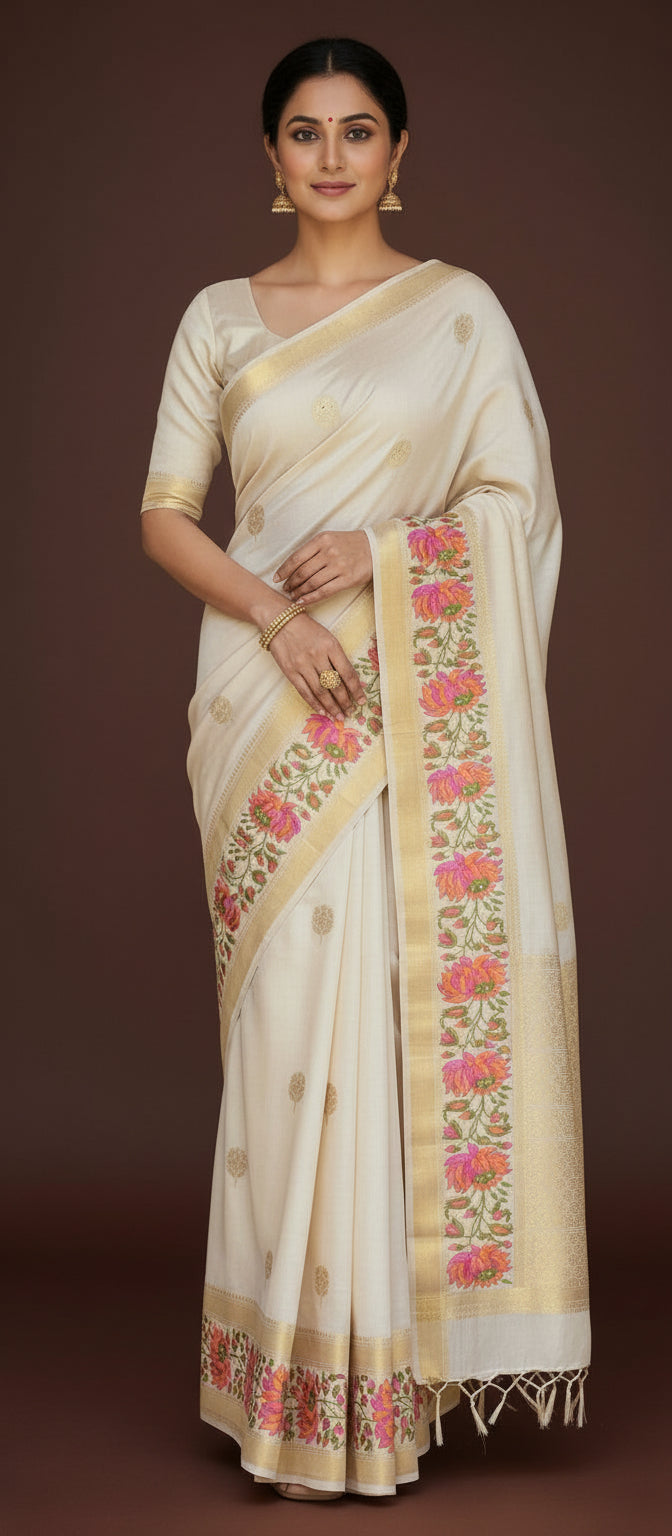Half White/ Cream Pure Chiniya Silk Saree