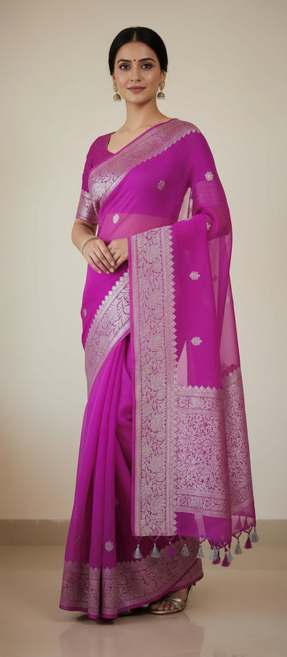 rani pink khaddi chiffon with silver zari