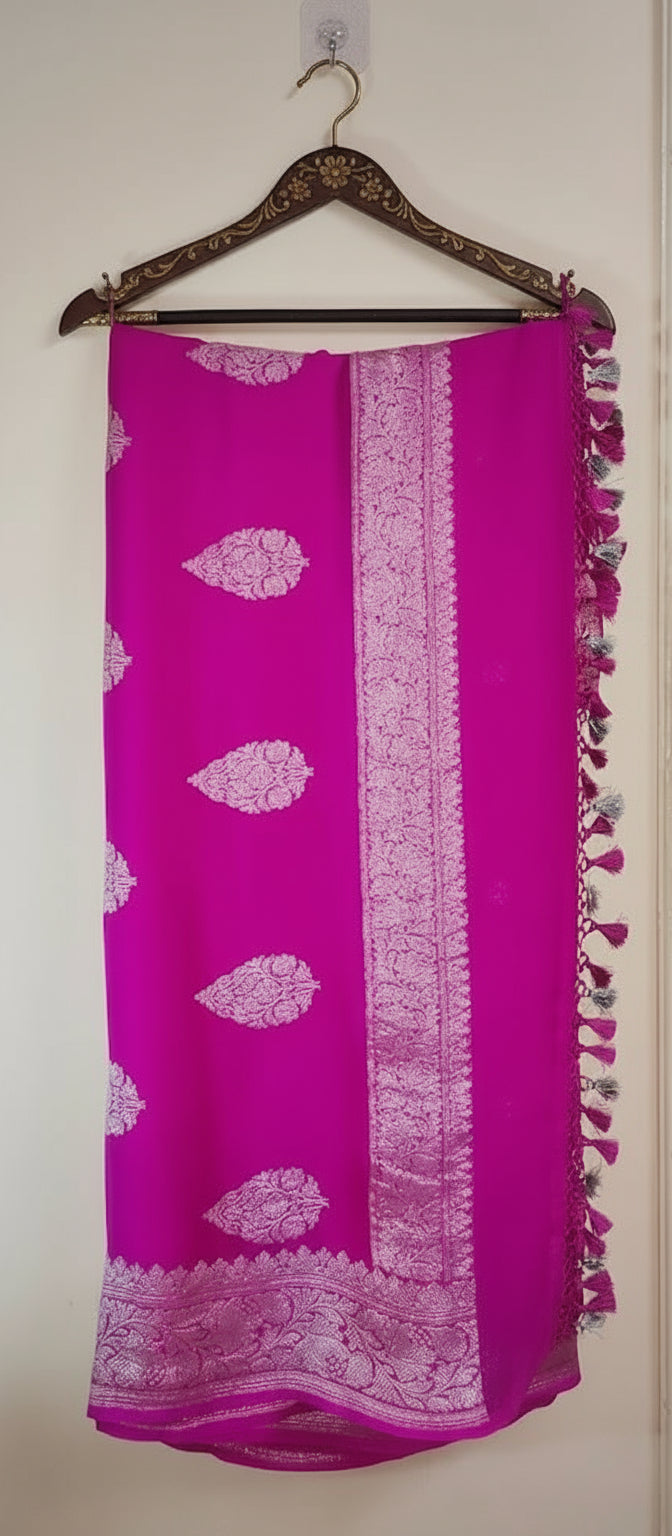 Handloom Rani Pink Banarasi Khaddi Chiffon