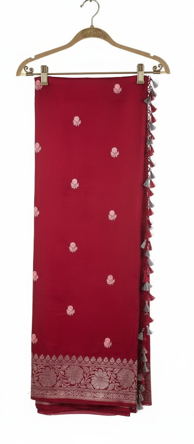 red khaddi chiffon saree