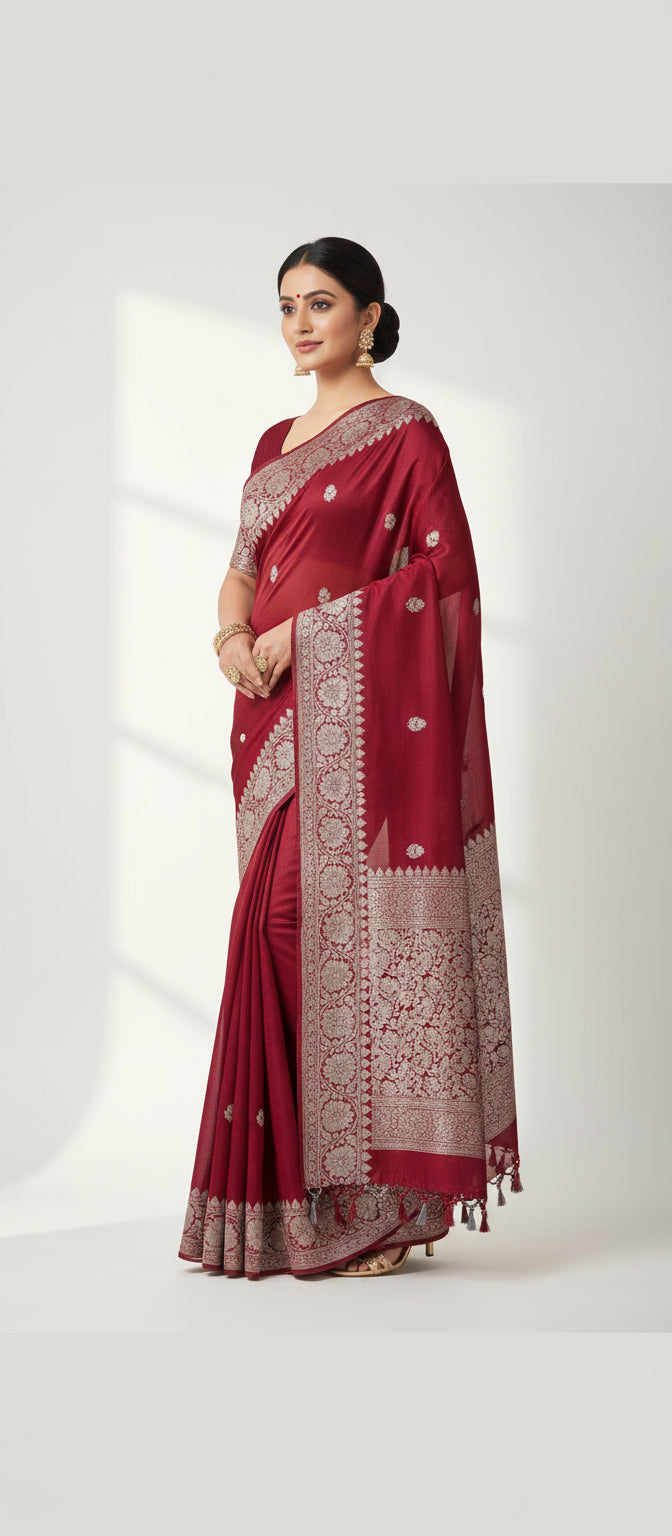red khaddi chiffon saree