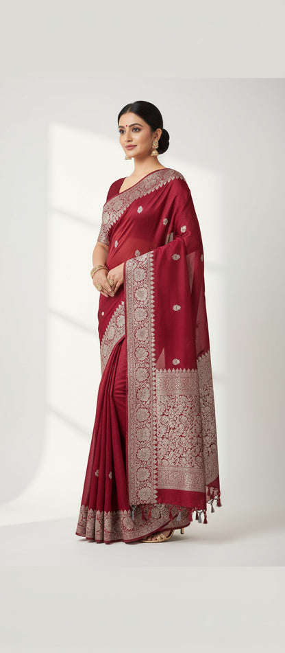 red khaddi chiffon saree
