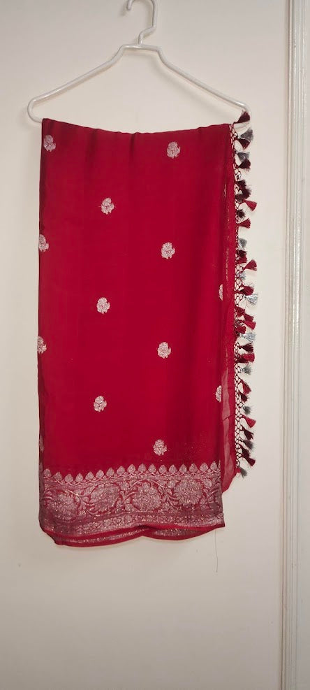 Handloom Red Banarasi Khaddi Chiffon