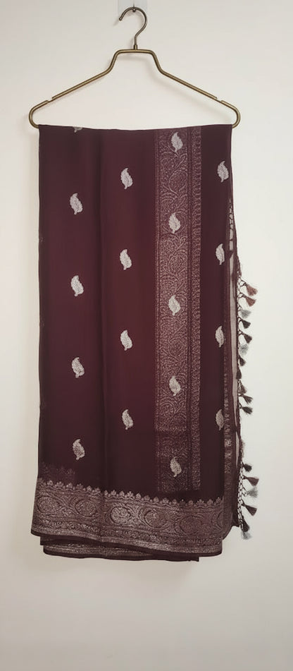 Snuff Brown/ Dark Brown Khaddi Chiffon Saree