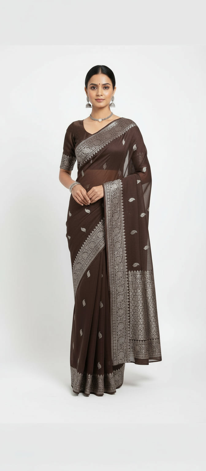 dark brown khaddi chiffon saree