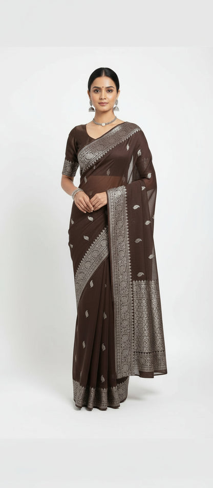 dark brown khaddi chiffon saree