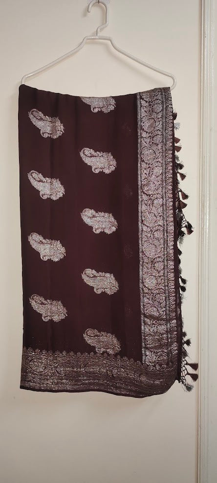 Snuff Brown/ Dark Brown Khaddi Chiffon Saree