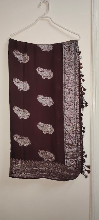Snuff Brown/ Dark Brown Khaddi Chiffon Saree