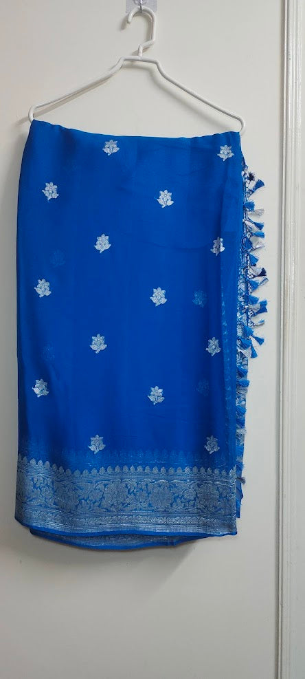 Handloom Dark Powder Blue Banarasi Khaddi Chiffon