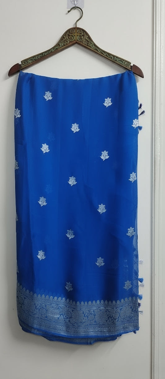 Handloom Dark Powder Blue Banarasi Khaddi Chiffon