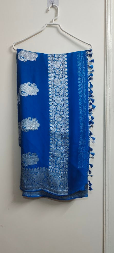 Handloom Dark Powder Blue Banarasi Khaddi Chiffon