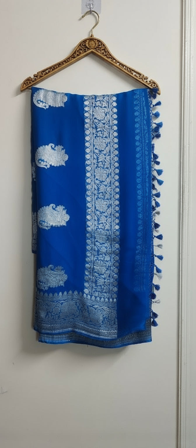 Handloom Dark Powder Blue Banarasi Khaddi Chiffon
