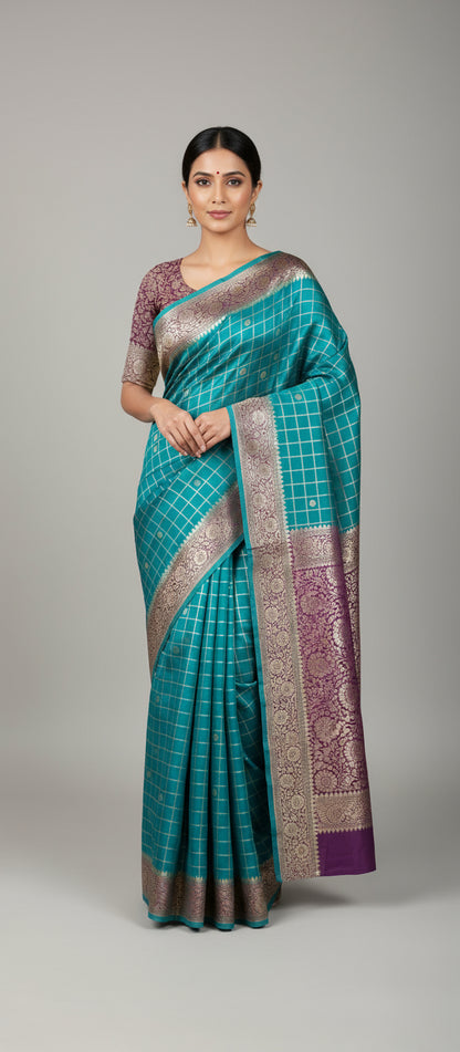 Rama Green Semi Banarasi Silk Saree