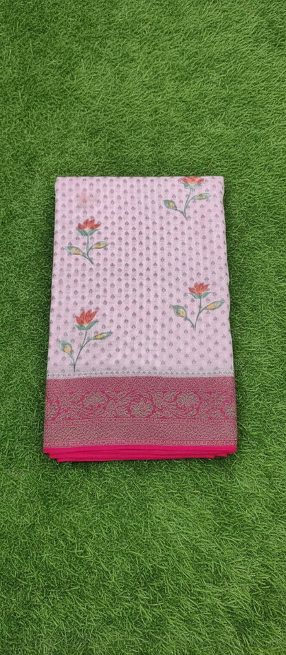 Digital Floral Print Pink Banarasi Saree