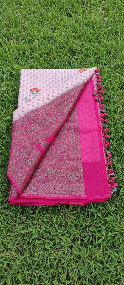 Digital Floral Print Pink Banarasi Saree