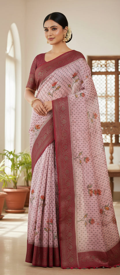 Digital Floral Print Pink Banarasi Saree