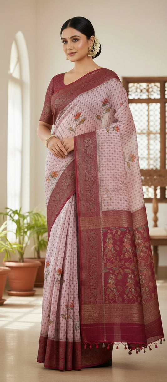 Digital Floral Print Pink Banarasi Saree