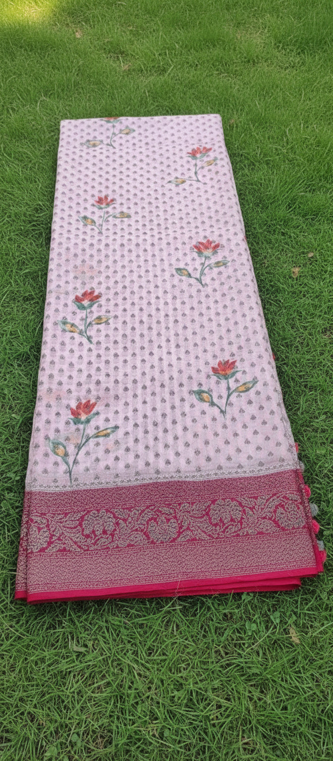 Digital Floral Print Pink Banarasi Saree