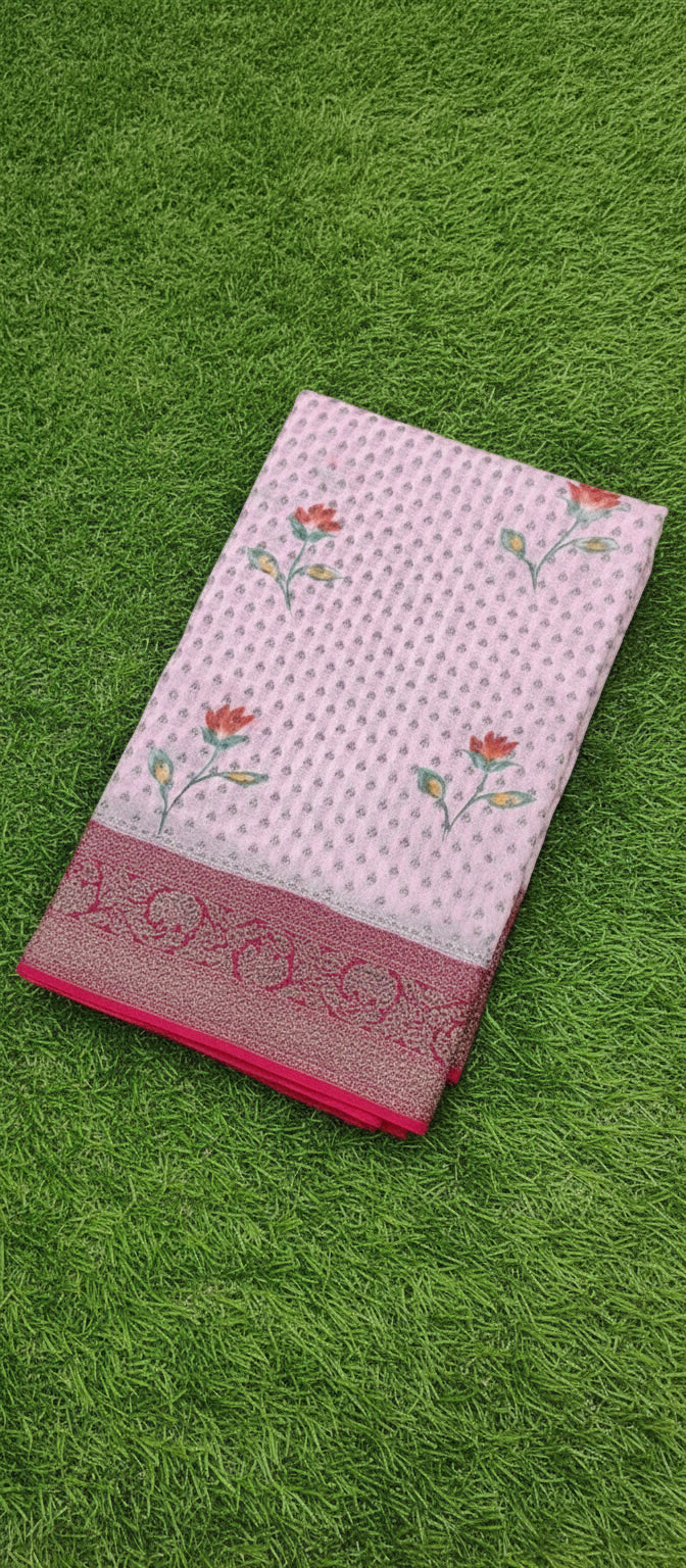 Digital Floral Print Pink Banarasi Saree