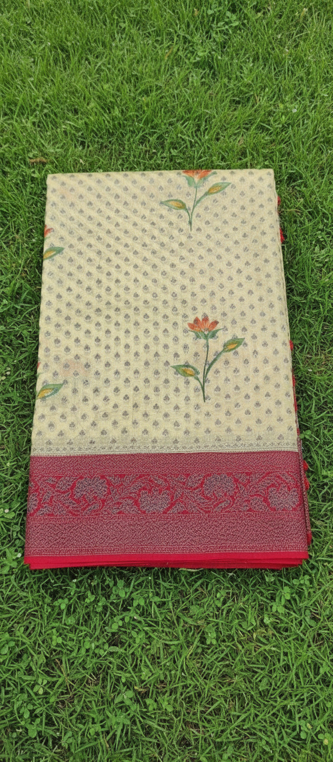 Digital Floral Print Yellow Banarasi Saree