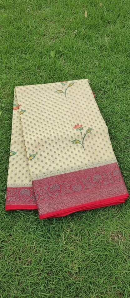 Digital Floral Print Yellow Banarasi Saree