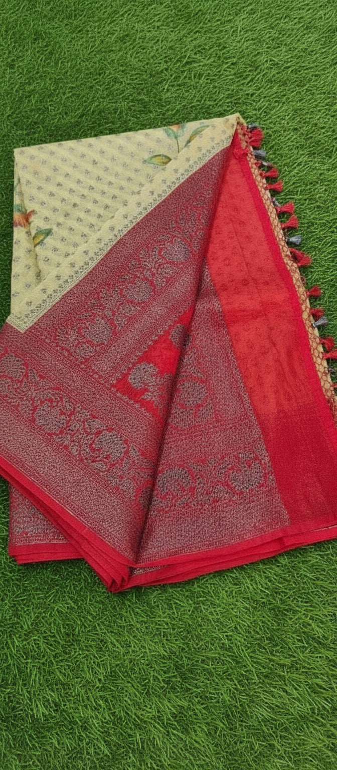 Digital Floral Print Yellow Banarasi Saree