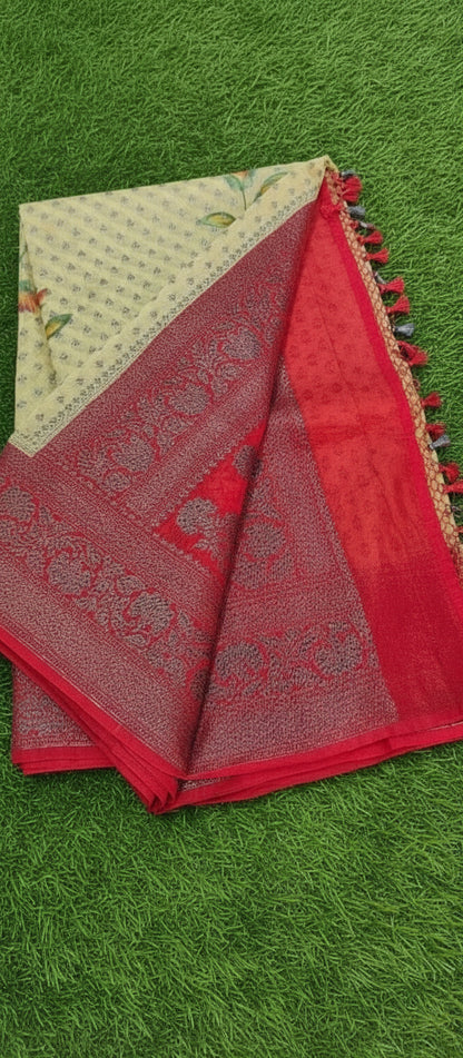 Digital Floral Print Yellow Banarasi Saree