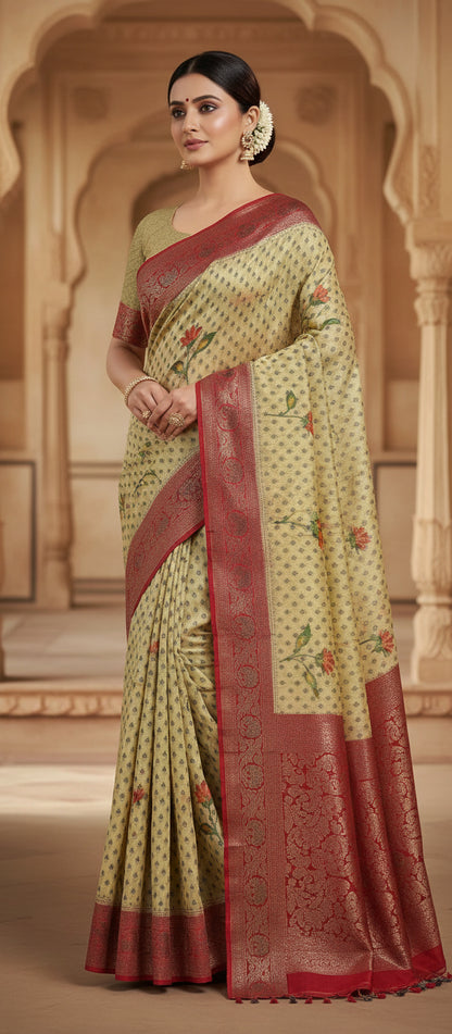 Digital Floral Print Yellow Banarasi Saree