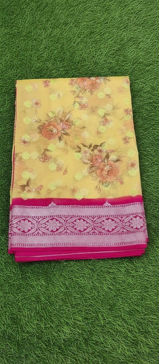 Yellow Floral Digital Print Banarasi Saree